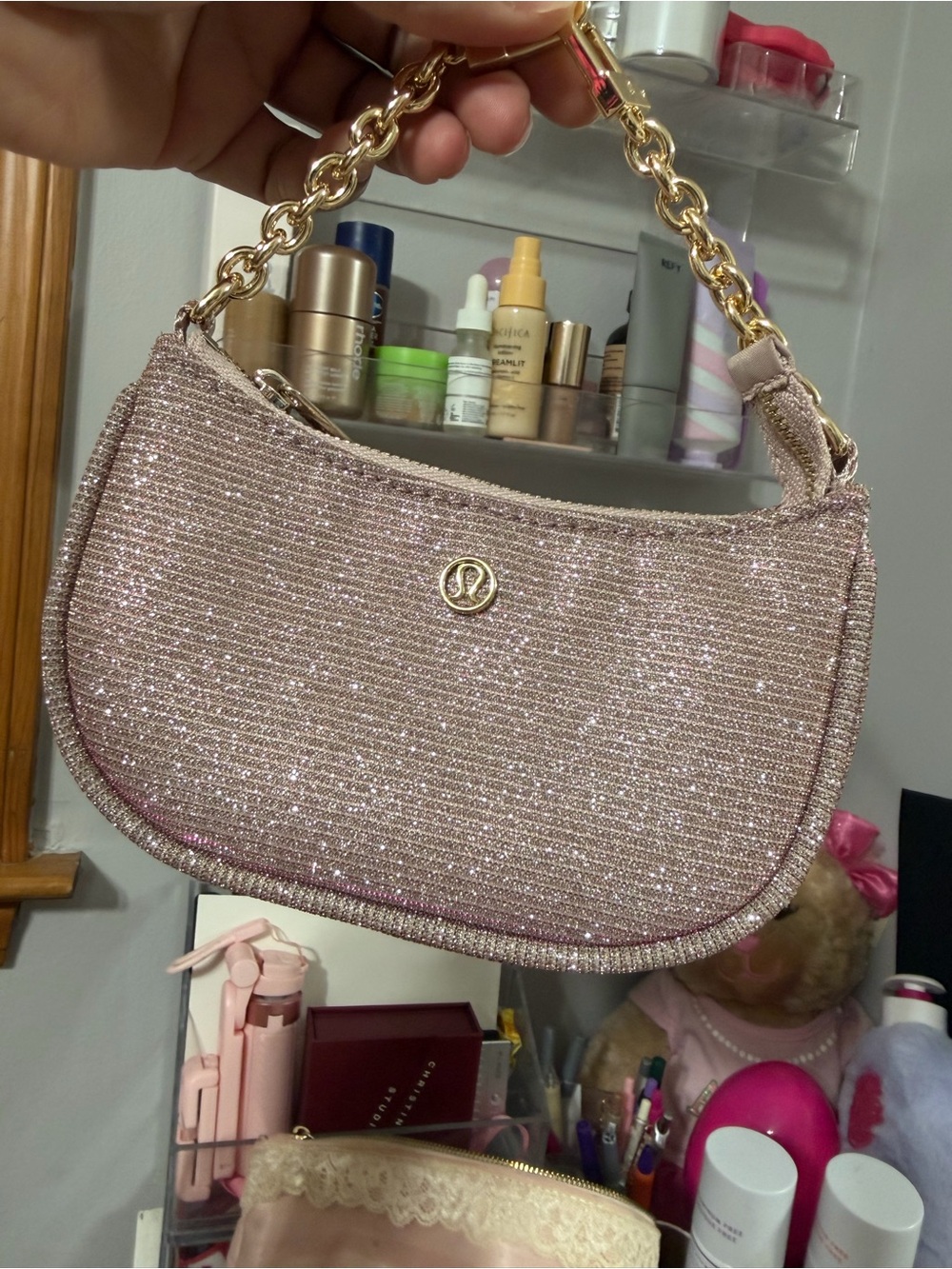 lululemon athletica Sparkling Rose Gold Mini Shoulder Bag with Gold Chain